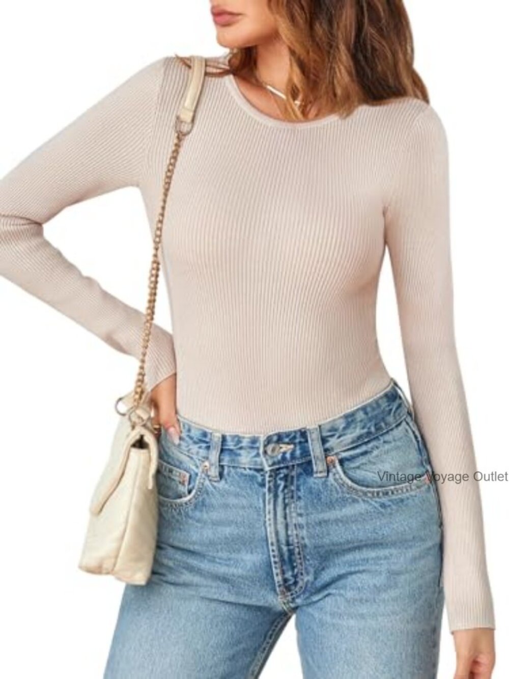 Ribbed Knit Long Sleeve Crew Neck Bodysuit Slim Fit Work Top